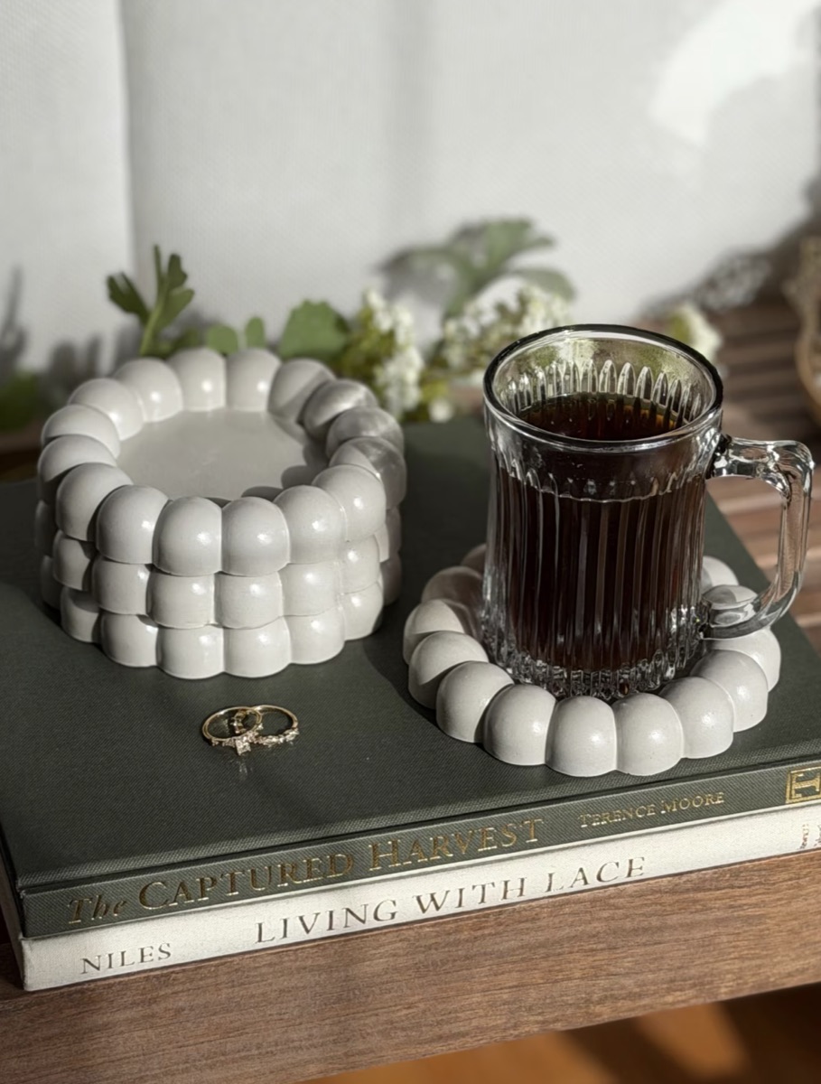 Concrete bubble-textured coaster and trinket tray