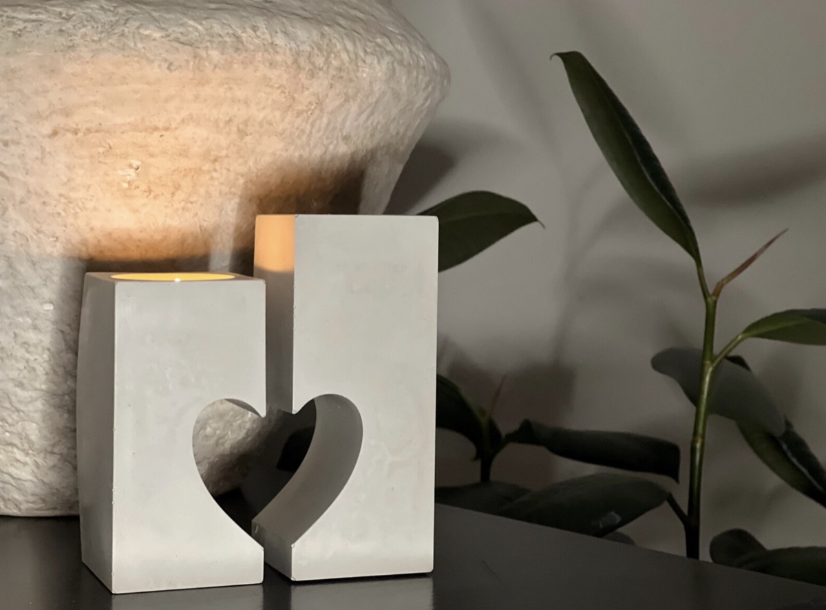 Side-by-side concrete heart tealight holders