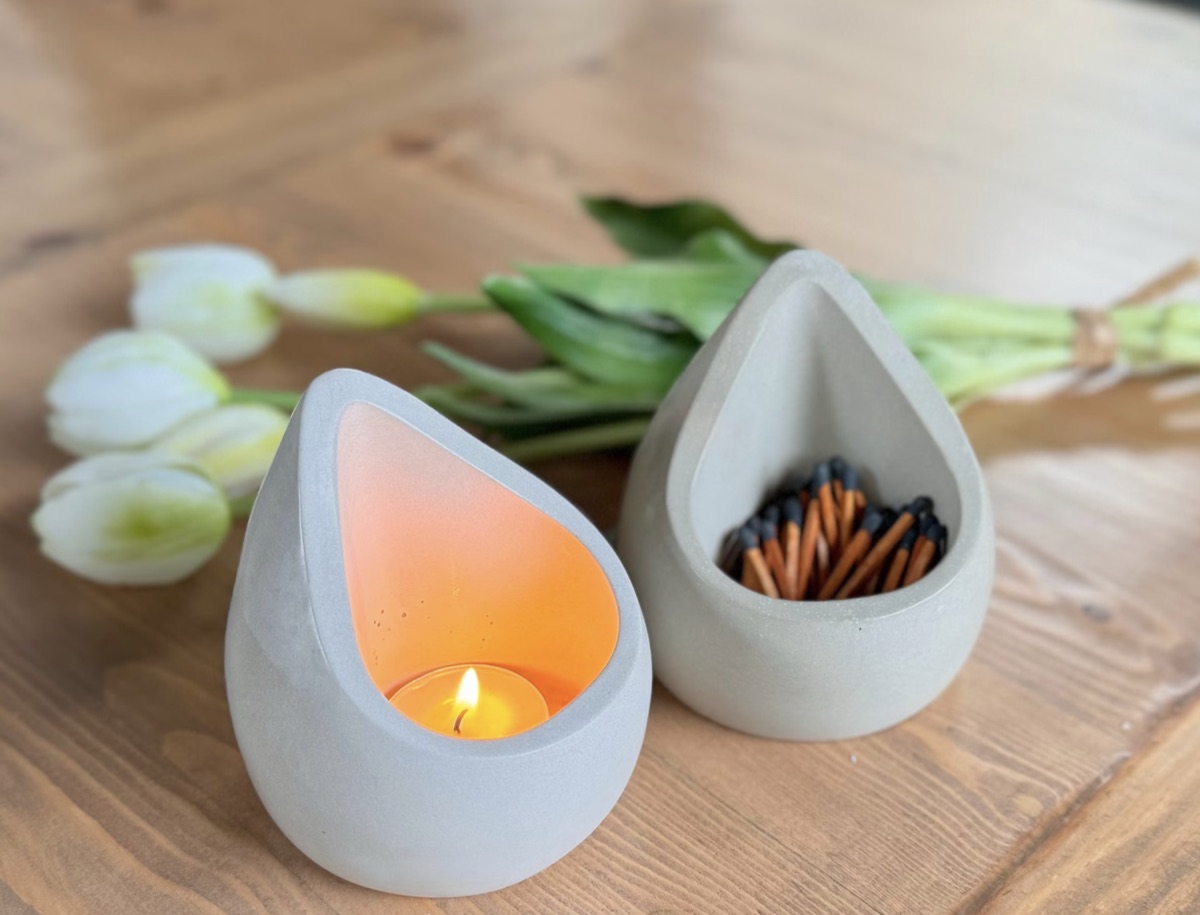 Concrete teardrop tealight and matchstick holders